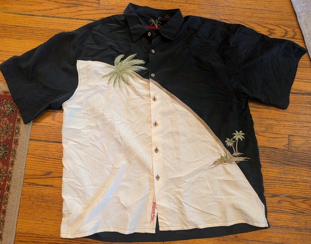 Bamboo Cay Button-Up Shirt Mens XXL Black Colorblock Palm Embroidered
